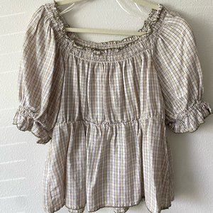 OLD NAVY Plaid Puff- Sleeve Babydoll Top Women Size Medium